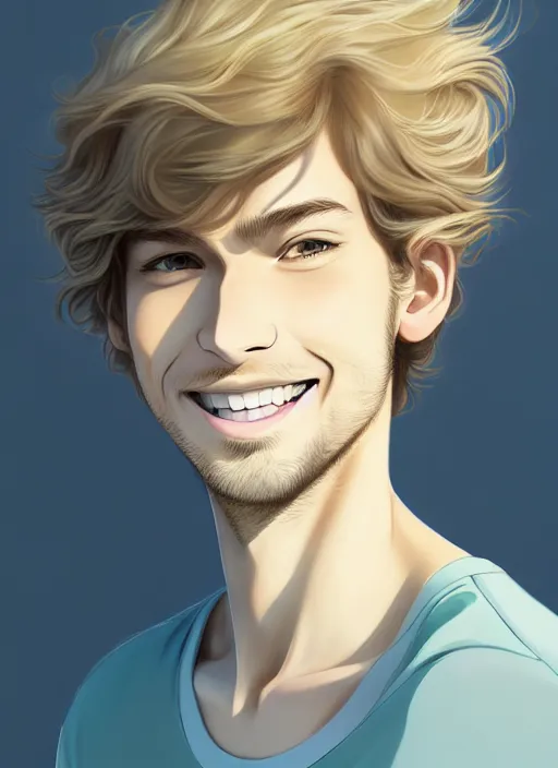Image similar to young man with medium - length, curly, golden hair, perfectly proportioned face, aquamarine eyes, smile, natural lighting, path traced, highly detailed, high quality, cartoon, digital painting, by new haicheng and studio ghibli