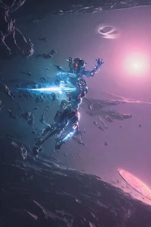 Image similar to ninja cyborg floating in space letting go of reality and experiencing the quantum feild, matte painting comic book art, cinematic, highly detailed, realistic, beautiful cosmic neural network, octane render, unreal engine, depth of field, trending on artstation, sharp focus, philosophical splashes of colors