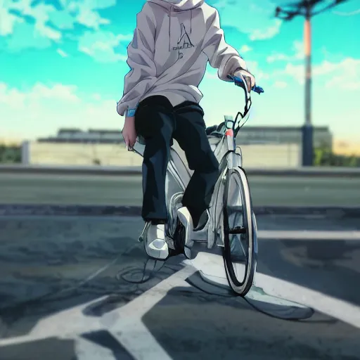 Prompt: close up of a high definition anime guy with short dark blue hair and streetwear clothing riding a white 1993 Mazda Astina 323 HB with armenia quindio in the background, Artwork by Makoto Shinkai, pixiv, 8k, official media, wallpaper, hd