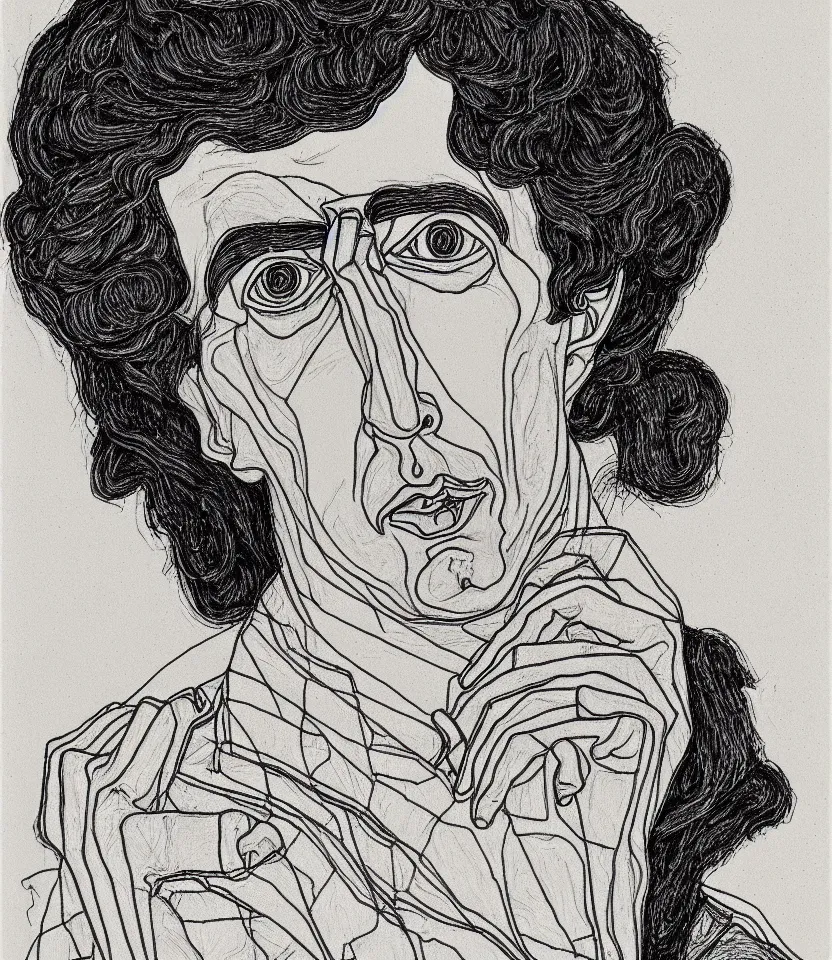 Prompt: detailed line art portrait of frederic chopin, inspired by egon schiele. caricatural, minimalist, bold contour lines, musicality, soft twirls curls and curves, confident personality, raw emotion