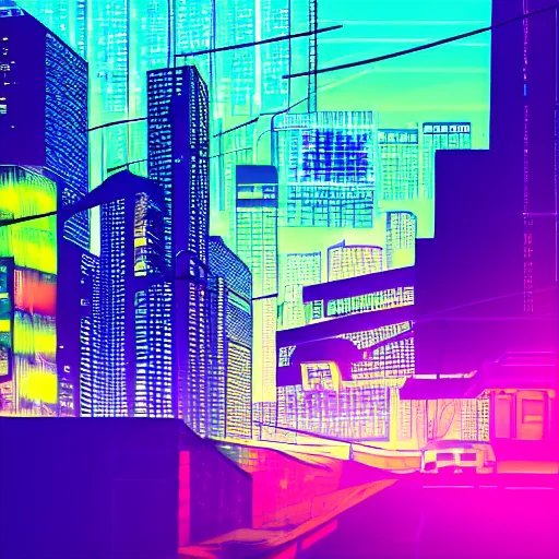 Image similar to cyberpunk city, neon, bright colors, midnight, person on rooftop, shadowy.