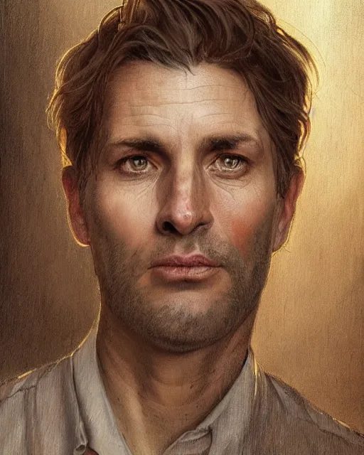 Prompt: portrait of 4 0 - year - old man, with a pale face with premature lines, and light brown hair going grey, wearing in shirt, hyper realistic face, beautiful eyes, fantasy art, in the style of greg rutkowski, intricate, alphonse mucha, hyper detailed, smooth