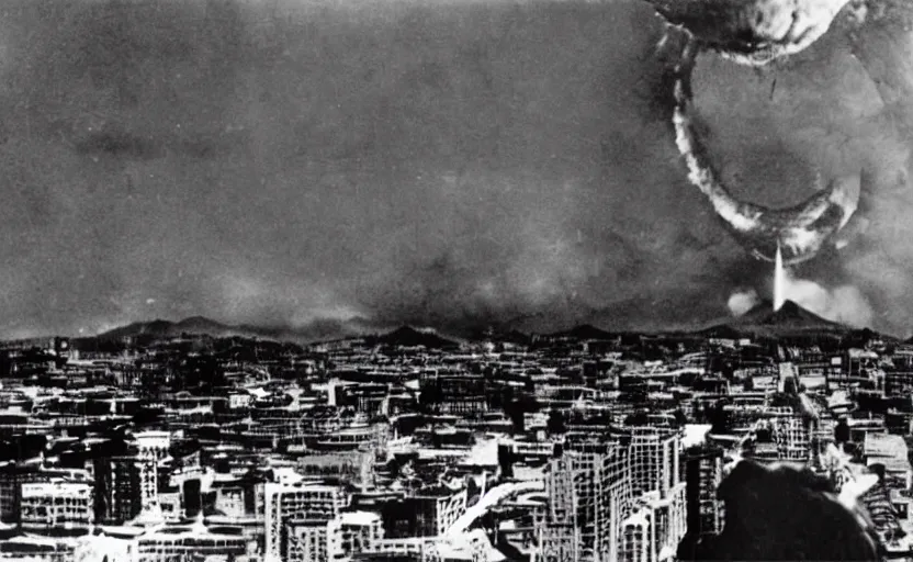 Image similar to a filmstill of Kim Jong-il and a Starro monster destroying Pyongyang, in Godzilla (1954) by Ishirō Honda, traditional Korean city, palace, epic ultrawide shot, cinémascope