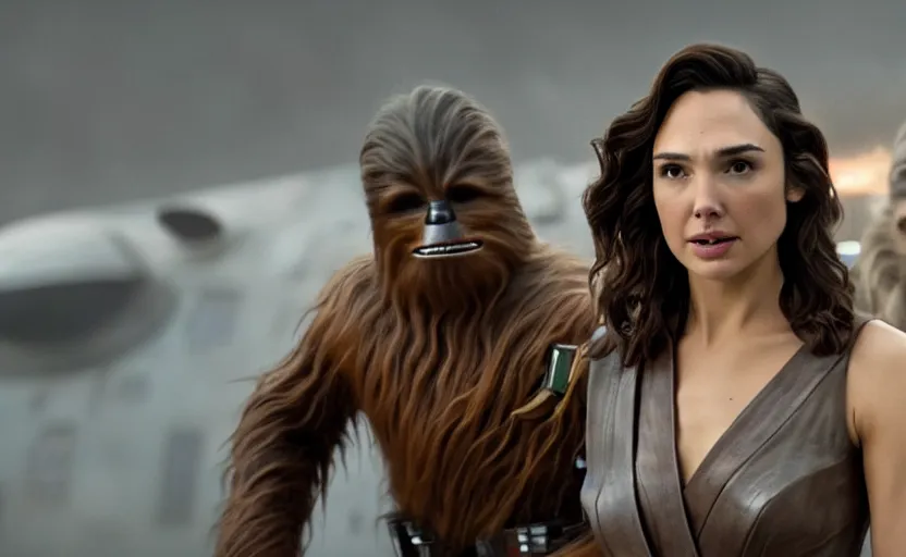 Prompt: a still of beautiful gal gadot as han solo in star wars, 8 k