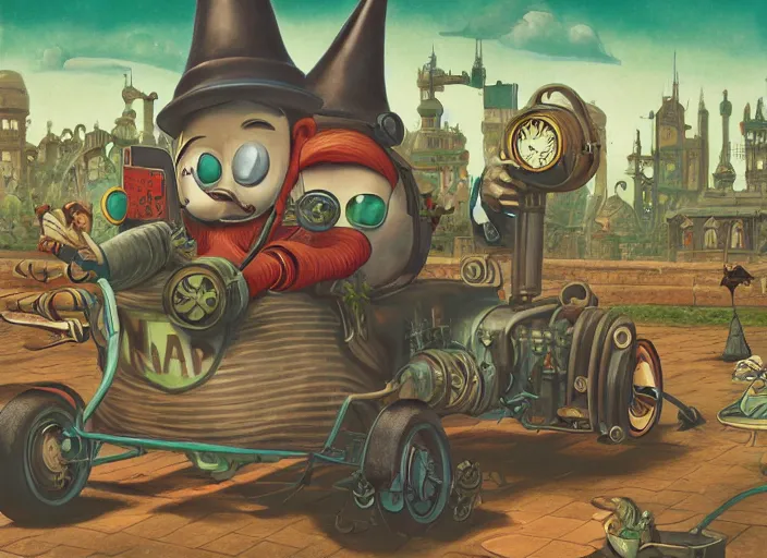 Prompt: matte sharp painting, close - up of a garden gnome driving a steampunk bus, juxtapoz, artforum, gary baseman, preston blair, tex avery, dan mumford, pedro correa