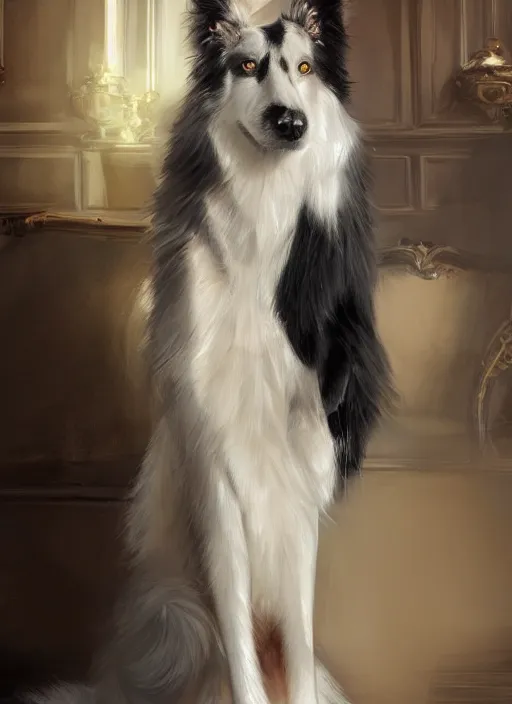 Prompt: wide angle beautiful full body portrait of a strong male anthropomorphic anthro border collie fursona wearing an evening gown and sitting in a parlor room, character design by charlie bowater, henry asencio, and ross tran, furry art, furaffinity, beautiful, glamor pose, detailed, aesthetic, trending on artstation