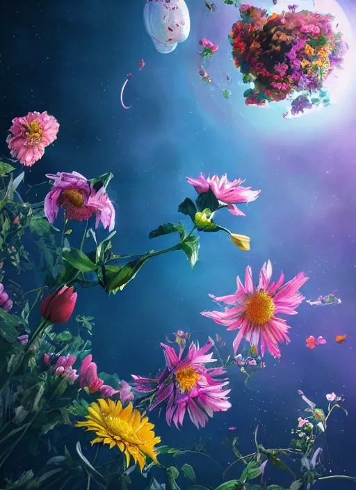 Image similar to An epic fantastic realism comic book style painting of the most beautiful flowers launched into space, bouquets, fisheye lens, unreal 5, DAZ, hyperrealistic, octane render, dynamic lighting