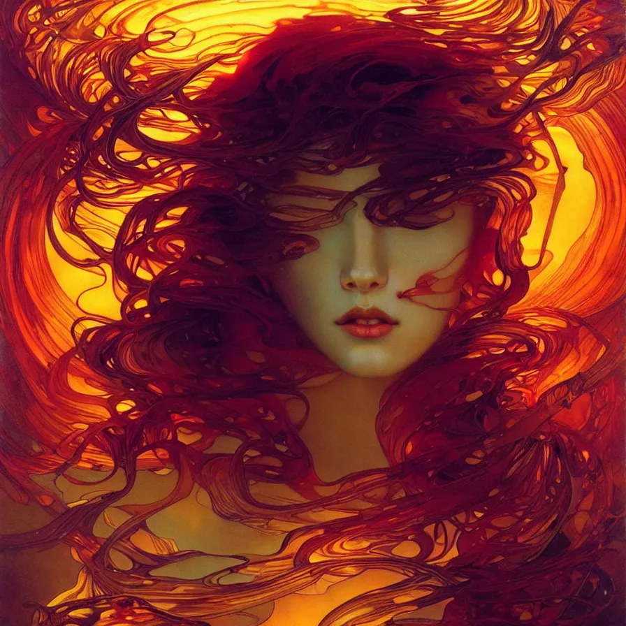 Image similar to transcendent mind bending indigo waves of glossy psychedelic liquid honey flowing like kaleidoscopic translucent amber, lsd waves, honey ripples, enlightenment, dramatic professional lighting, refracted sunset lighting, art by collier, albert aublet, krenz cushart, artem demura, alphonse mucha