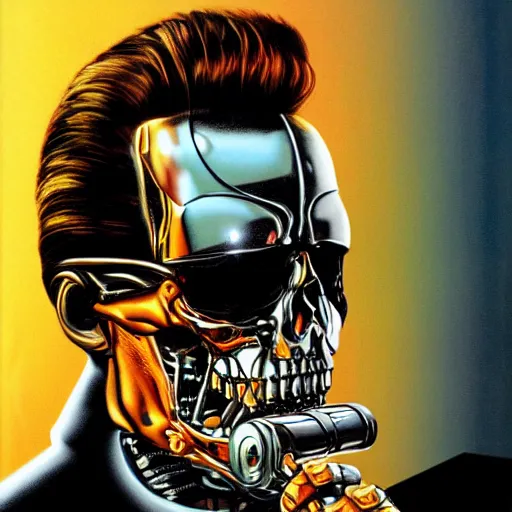 Prompt: terminator t800 with rose in mouth