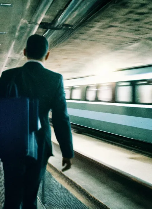 Prompt: a 3 5 mm photo from the back of a businessman standing on a subway platform, splash art, movie still, bokeh, canon 5 0 mm, cinematic lighting, dramatic, film, photography, golden hour, depth of field, award - winning, anamorphic lens flare, 8 k, hyper detailed, 3 5 mm film grain