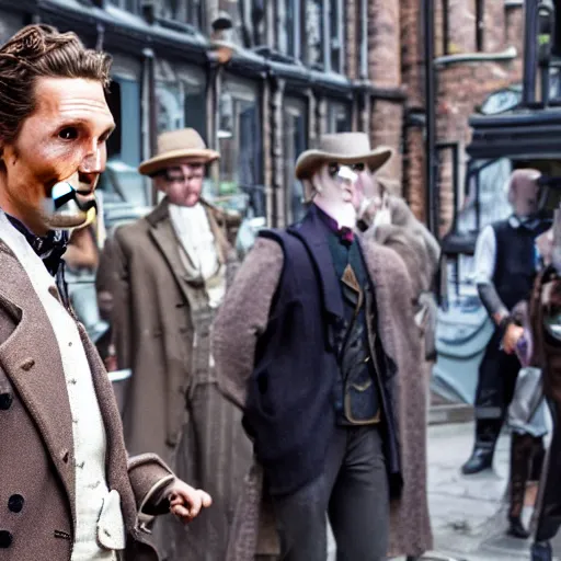 Image similar to [UHD candid photo of Matthew McConaughey as Sherlock Holmes, running down the streets of futuristic steampunk London, correct face, accurate facial details, graphic detail, sharp focus, photo by Annie Leibowitz]