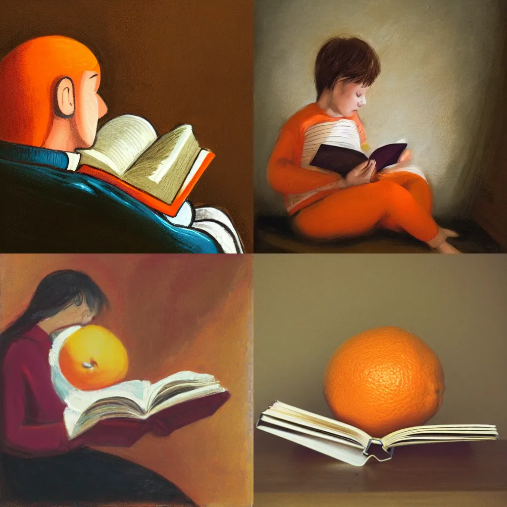 Prompt: an orange reading a book