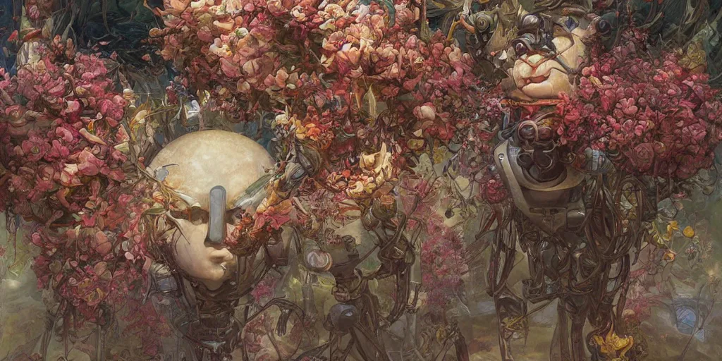 Prompt: artgem, Tyler Edlin and Jean Delville, wide angle robot head with flowers growing out, highly detailed, masterpiece