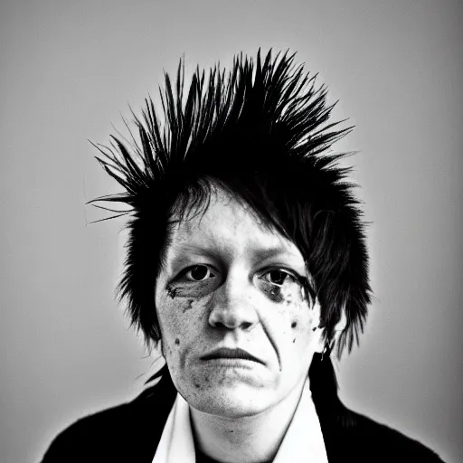 Prompt: a portrait photograph of a english 2 5 - year punk rocker from the 1 9 7 0 s. portrait canon 8 5 mm f 1. 2 photograph head and shoulders portrait