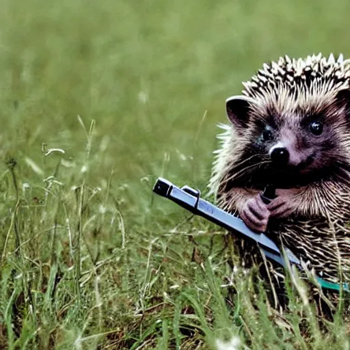 Image similar to still image of a hedgehog wearing body armor, hedgehog soldier, the hedgehog is holding a rifle, photo