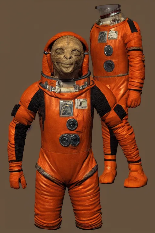 Prompt: vintage 35mm photo of an ancient mummy wearing a technical orange leather nasa spacesuit in the style of star wars and henson creature shop, cosmic, nightmare, creepy, grimy, filthy, broken, fantasy, 8k, unreal engine, octane render