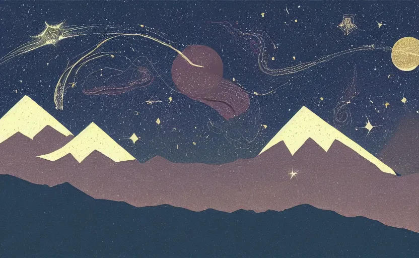 Prompt: mountains, stars and paisley filled sky, artstation, intricate, highly detailed, digital painting, concept art, sharp focus, illustration by Piero della Francesca and Tom Whalen