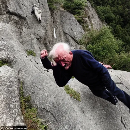 Prompt: the tragic moment of an old man falling off a cliff