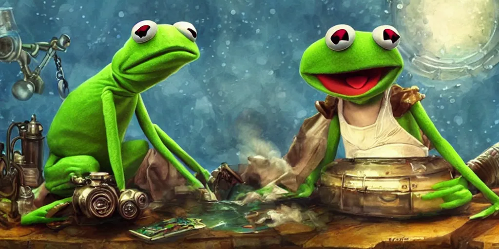 Image similar to digital art, trending on artstation, pin ups of kermit the frog in an underwater steam punk world