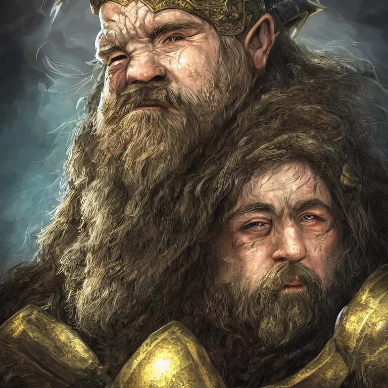 Image similar to cute dwarf warrior in mountain, lord of the rings style, fantasy, poster, character portrait, portrait, close up, concept art, intricate details, highly detailed, full body, 8 k, detailed face, body