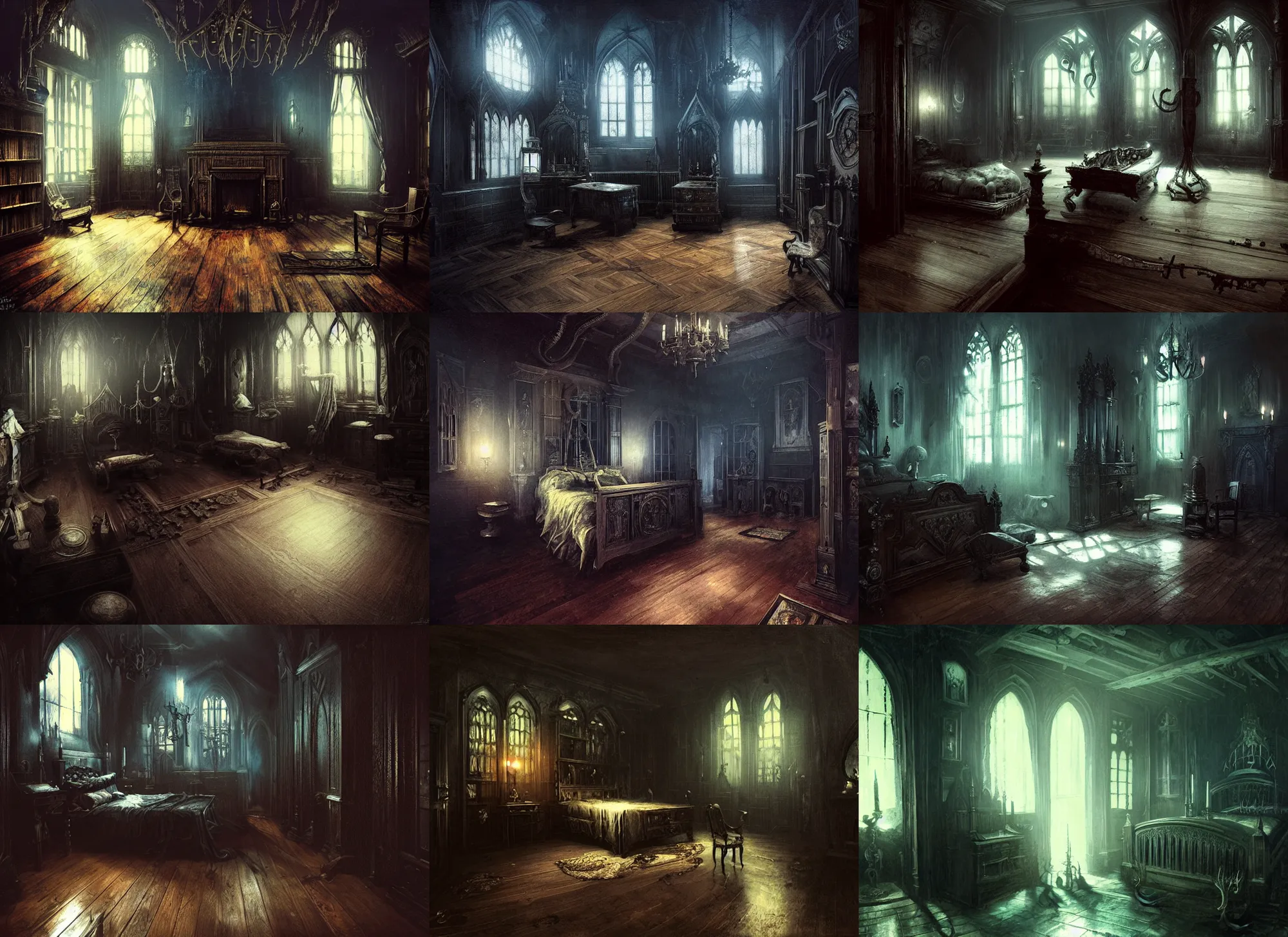 Prompt: gothic mansion master bedroom, wooden floor, darkness, evil, creepy, science, 1 9 century, hard atmosphere, lovercraft, insmouth, tentacles, artwork, paint, blue tones, detailed, by bastien lecouffe deharme, by jeremy mann, by alexander fedosav