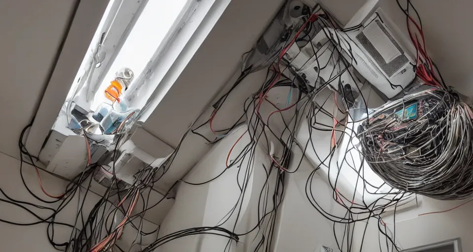 Image similar to a tangle of air ducts, cables and wiring in a small dysoptian flat, style of terry gilliam