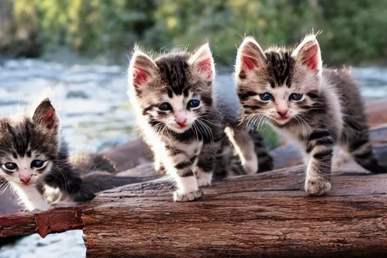 Image similar to kittens walking on a log bridge crossing a river