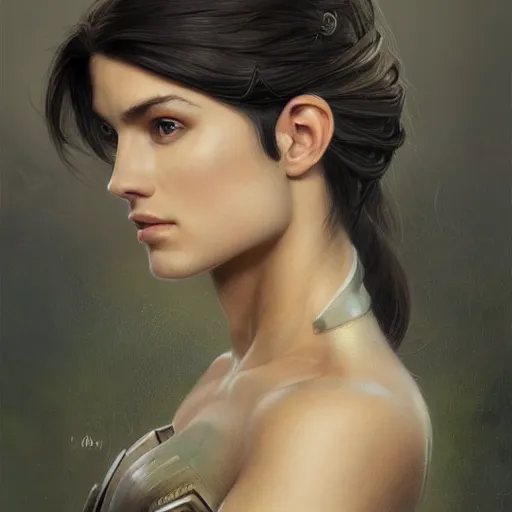 Prompt: a portrait of an attractive young woman, clothed in battle armor, olive skin, long dark hair, beautiful bone structure, symmetrical facial features, intricate, elegant, highly detailed, digital painting, trending on Artstation, concept art, smooth, sharp focus, illustration, by artgerm and greg rutkowski and alphonse mucha