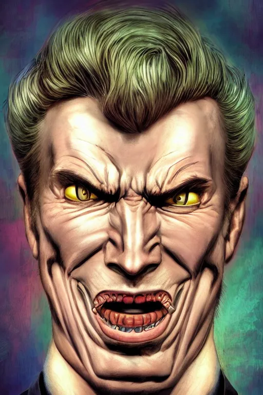 Image similar to aesthetic digital portrait of a handsome young man with a sinister grin by brian bolland, rachel birkett, alex ross, and neal adams | dark, intimidating, imposing, portrait, character concept, concept art, unreal engine, finalrender, centered, deviantart, artgerm