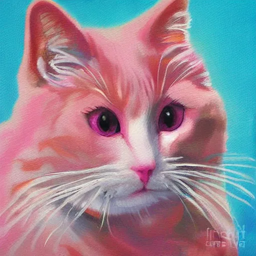 Prompt: pink cat by sea realistic painting