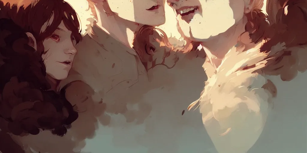 Prompt: portrait of cullen with a beautiful ginger woman he loves by atey ghailan, by greg rutkowski, by greg tocchini, by james gilleard, by joe fenton, by kaethe butcher, dynamic lighting, gradient light blue, brown, blonde cream and white color scheme, grunge aesthetic