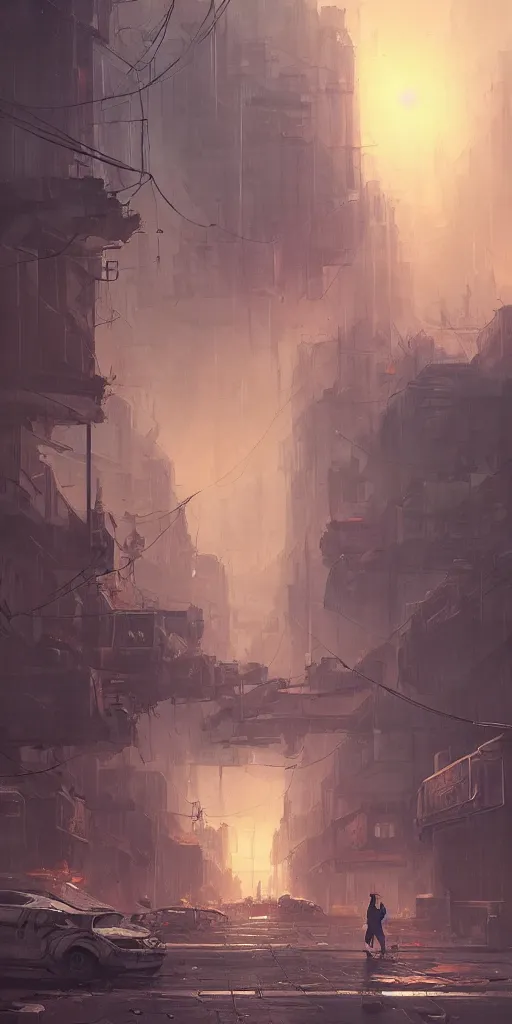 Image similar to a post apocalyptic street scene in the style of Sylvain Sarrailh, the occult, mysterious, strangeness, beautiful digital art, cinematic composition, detailed, concept art, Matt painting, oil painting, high res