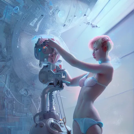 Image similar to hyperrealistic photography of a machine entering a beautiful venus female host in the style of jin kagetsu, james jean and wlop, highly detailed, sharp focus, intricate concept art, digital painting, ambient lighting, 4 k, artstation