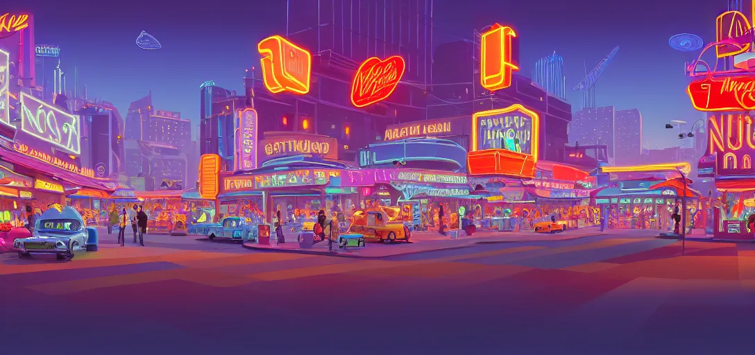 Prompt: futuristic main street los angeles cityscape with markets and shops and neon signs and terraces, visual development by lou romano, daylight, pixar, dynamic lighting, octane