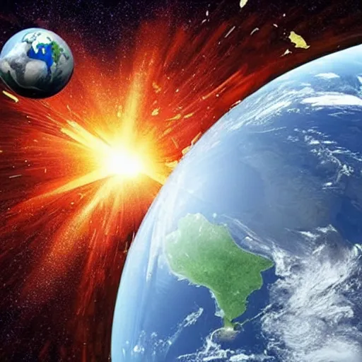 Image similar to A gigantic soccer ball colliding with the planet earth, destroying it