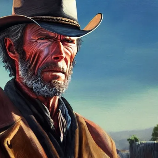 Prompt: oil painting of cowboy clint eastwood in rdr 2, western town, dusty street, sunrays, dramatic, very very very beautiful art