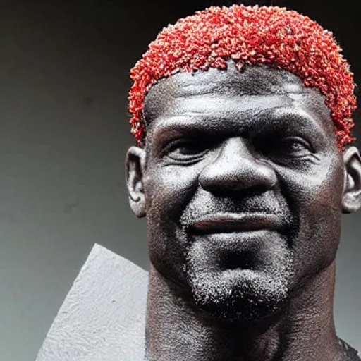 Prompt: a sculpture made of tomatoes in the shape of terry crews