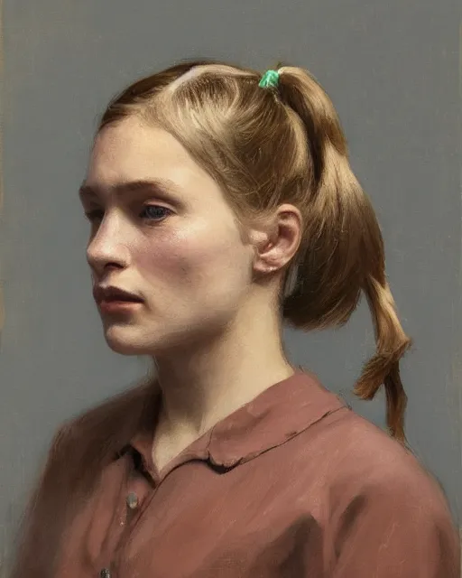 Prompt: portrait of a russian girl, medium closeup, pigtails, cinematic light, dark background, sideview, looking down, wrinkled cotton shirt, by jeremy lipking