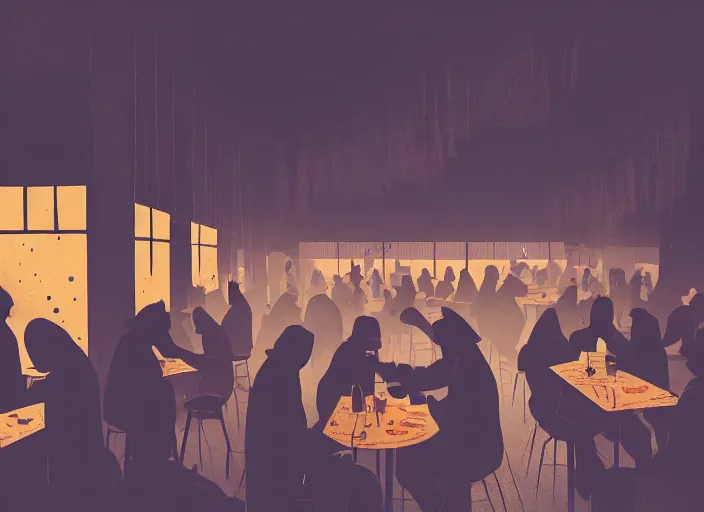 Image similar to illustrated crowded cafe interior, colorful, mads berg, karolis strautniekas, christopher balaskas, stippled light, low fog, moody, fine texture, editorial illustration, dramatic lighting, dynamic composition, detailed, matte print, muted color, ( ( victo ngai ) ), wide angle