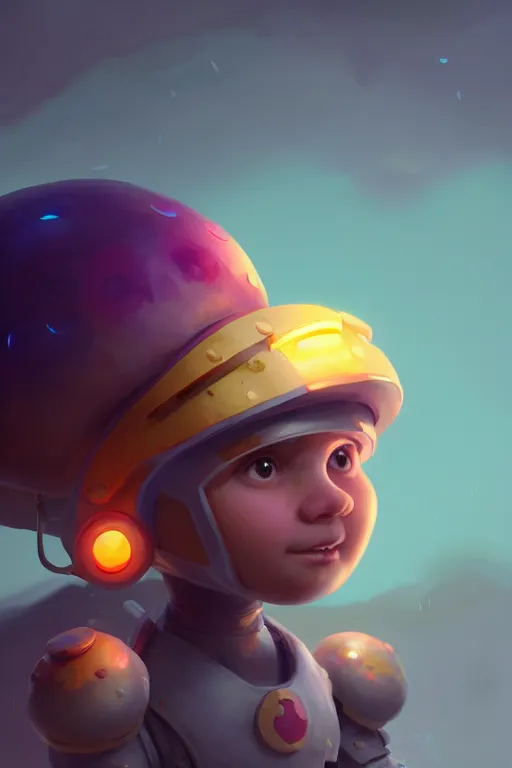 Prompt: super cute Bioluminescent boy warrior with a mushroom helmet character concept, soft light, soft mood, realistic body features and face, illustration, painting oil on canvas by Elena Zhurikhina and Goro Fujita and Charlie Bowater, octane render trending on artstation, 4k, 8k, HD