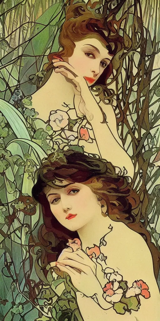 Image similar to esthetic beautiful woman models painted by Alfons Mucha, Art Deco, hot, forest on background, banner