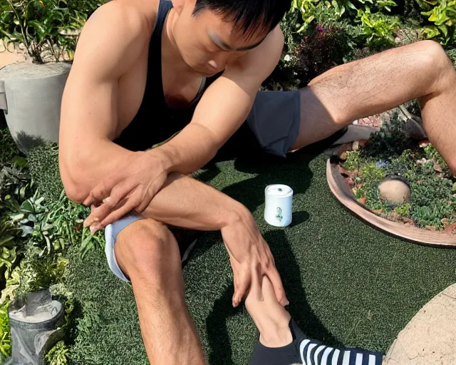 Prompt: mr chen smoke weed and meditate in the garden, he has dark black hair, young, detailed glad face, muscular chest, pregnant belly, golden hour closeup photo, tank top, eyes wide open, ymmm and that smell