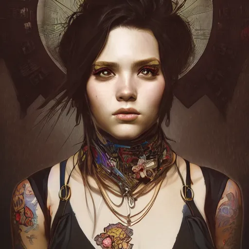 Image similar to highly detailed portrait of a punk young lady by by Artgerm,Greg Rutkowski,Alphonse Mucha, 4k resolution