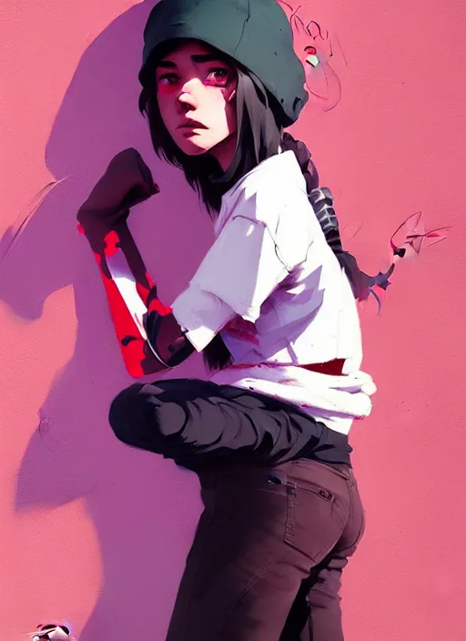 Prompt: highly detailed graffiti of a teenager, by atey ghailan, by greg rutkowski, by greg tocchini, by james gilleard, by joe fenton, by kaethe butcher, gradient violet, black, red, cream and white color scheme, award winning details