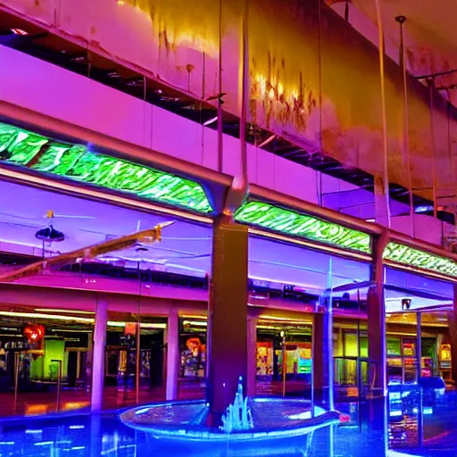 Prompt: A vast 80s shopping mall interior with an enormous water feature, water fountain, water falls, photo taken at night, neon pillars, large crowd