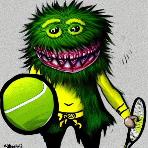 Image similar to a tennis ball monster ,tennis ball, stoned and high, smoking, edibles, scotland, wearing a kilt, digital art, fantasy, magic, trending on artstation, ultra detailed, professional illustration by Basil Gogos