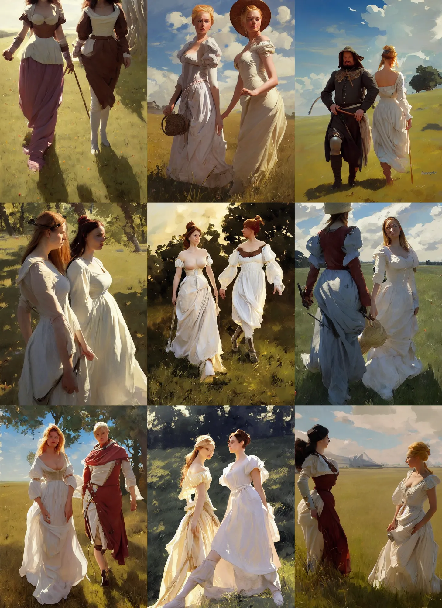 Prompt: two beautiful finnish norwegian swedish scandinavian attractive glamour models wearing 1 7 th century mantua with low neckline walking in the field in a sunny day, jodhpurs greg manchess painting by sargent and leyendecker, studio ghibli fantasy close - up shot asymmetrical intricate elegant matte painting illustration hearthstone, by greg rutkowski by greg tocchini by james gilleard