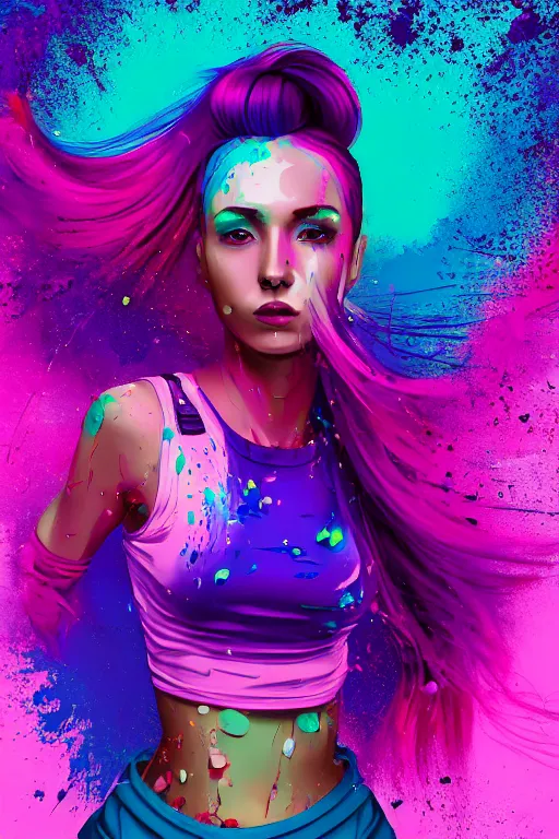 Image similar to a award winning half body portrait of a beautiful woman in a croptop and cargo pants with ombre purple pink teal hairstyle with head in motion and hair flying, paint splashes, splatter, outrun, vaporware, shaded flat illustration, digital art, trending on artstation, highly detailed, fine detail, intricate
