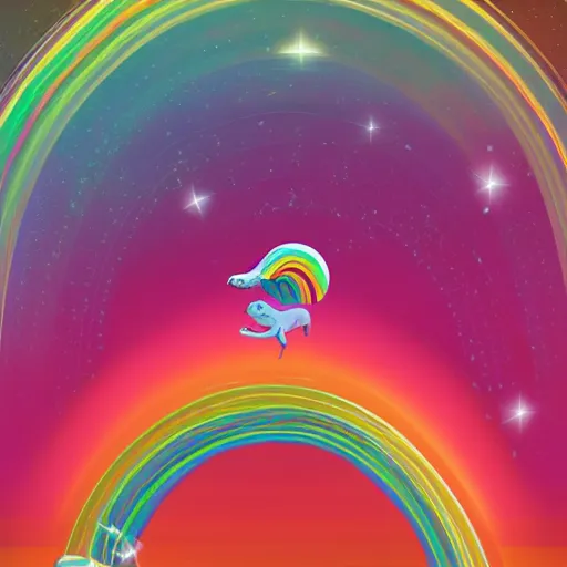 Image similar to space Dachshund floating of away from the earth, complex wavy rainbow lines, particles and distortion, in the style of Ori Toor