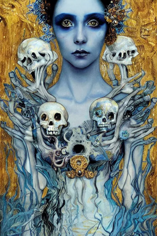 Prompt: The Princess of Bones by Karol Bak, Jean Deville, Gustav Klimt, and Vincent Van Gogh, portrait of a porcelain princess wearing a crown in catacombs, porcelain ball-joint doll face with blue painted tattoos, pale blue eyes, hair made of shimmering ghosts, mystic eye, otherworldly, crown made of bones, catacombs, ornate jeweled crown, skulls, fractal structures, arcane, inscribed runes, infernal relics, ornate gilded medieval icon, third eye, spirals